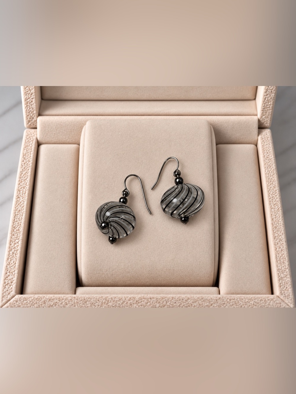 Sterling Hematite Venice Swirl Glass Drop Earrings - Gray
